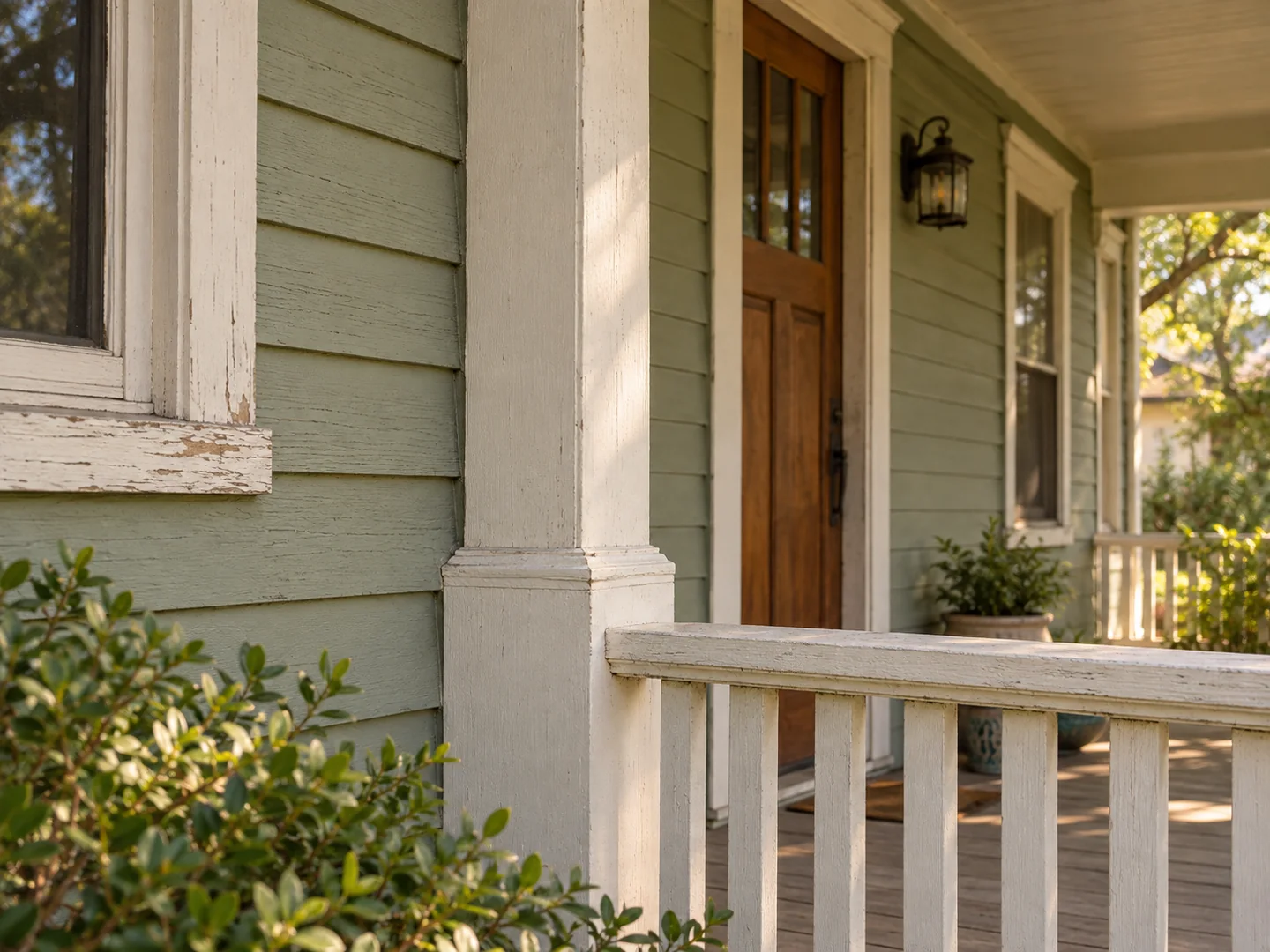 Painted timber siding, porch post and railing beside a wood entry door