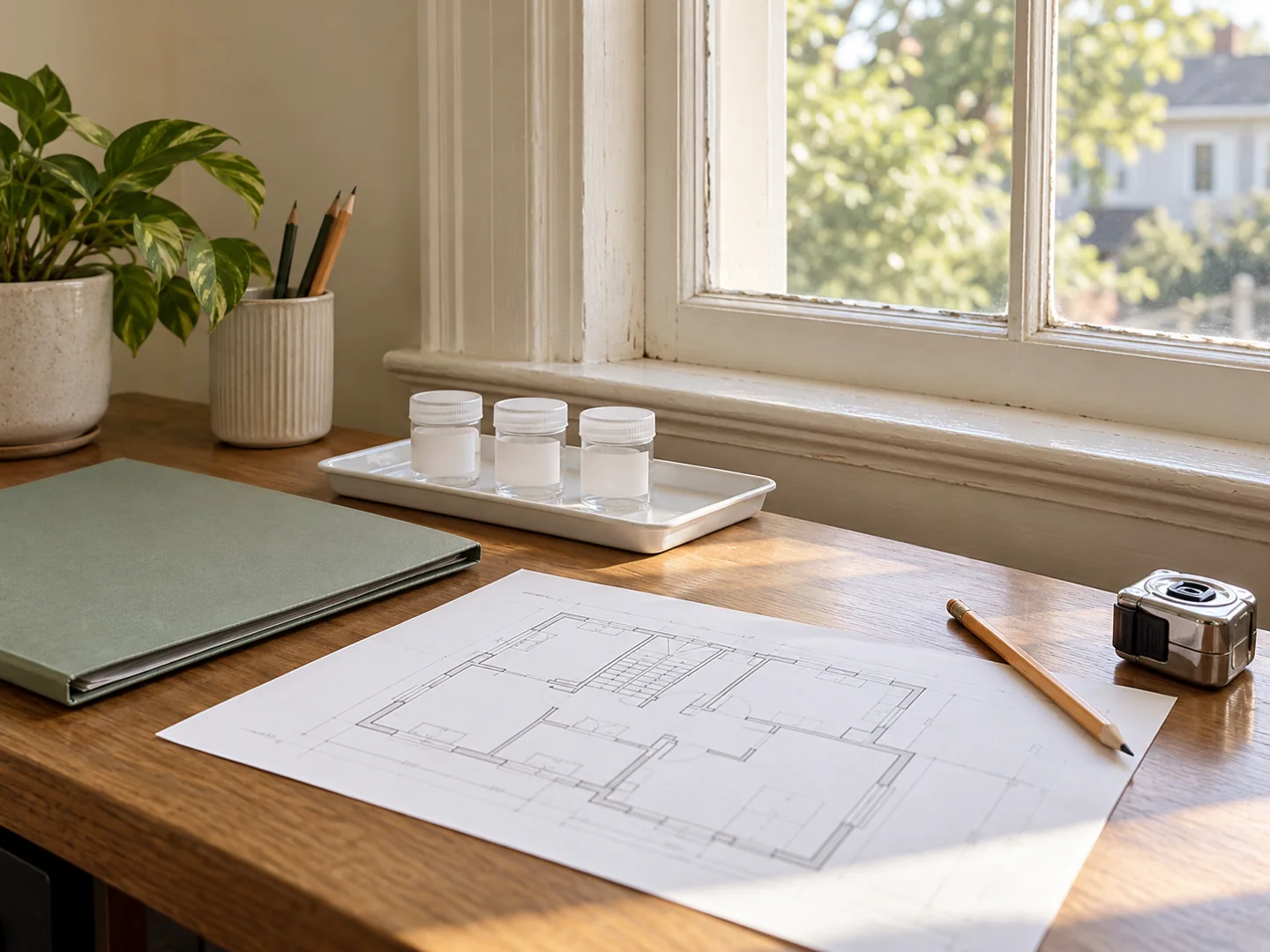 Floor plan, folder, sealed containers and tape measure on a desk beside a painted window