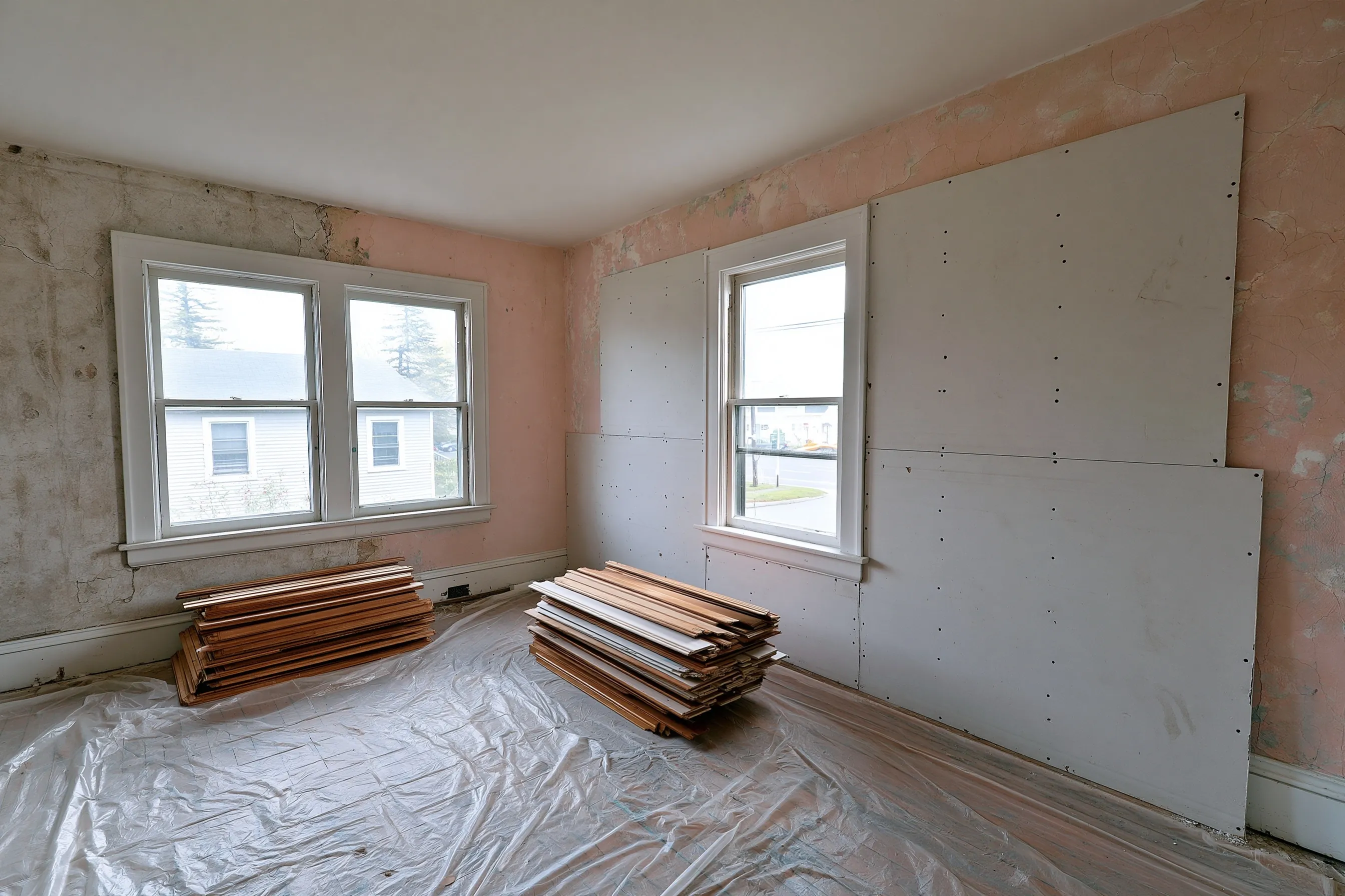 Back bedroom half covered in new drywall over cracked pink plaster, with trim boards stacked on plastic and the window casings still on