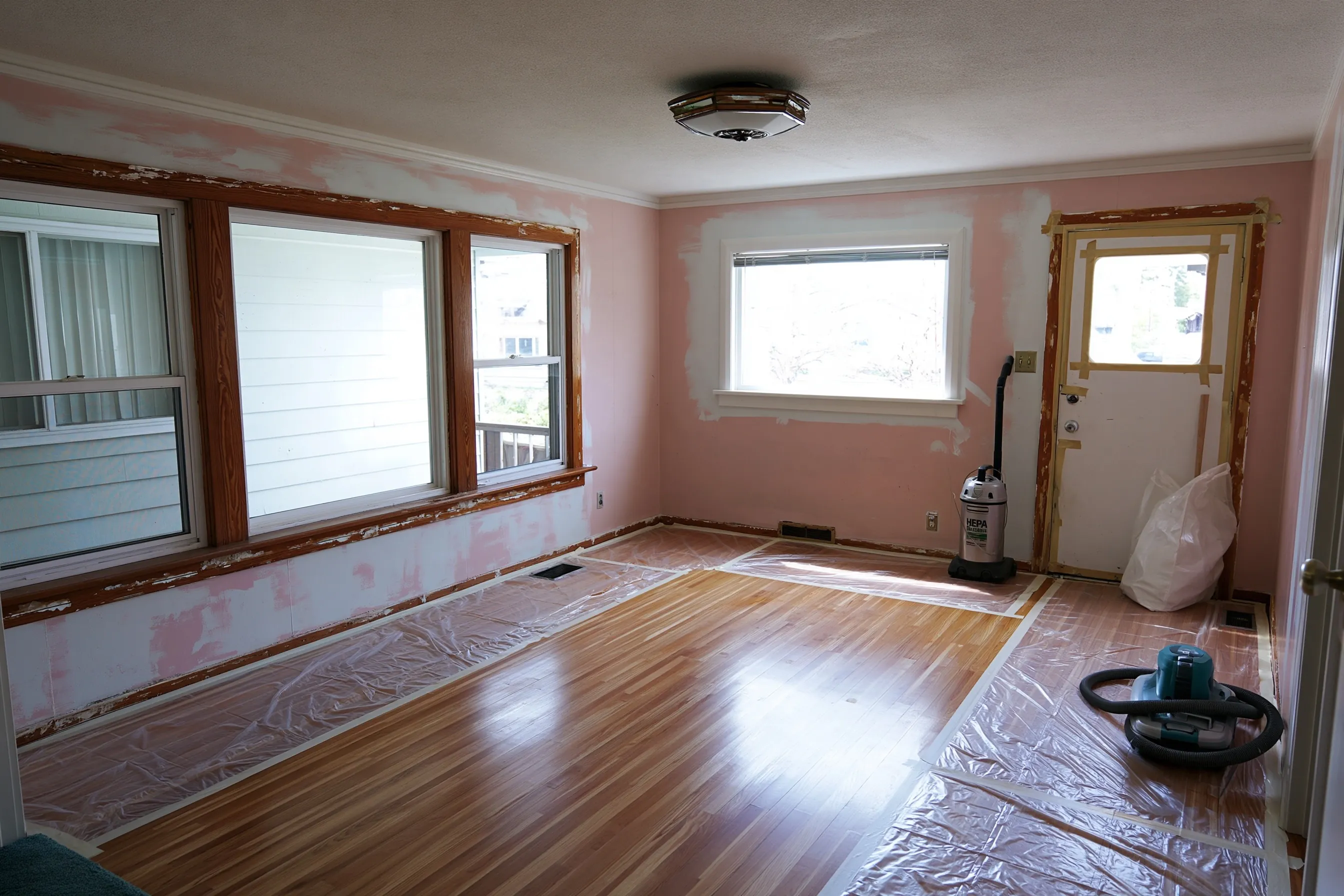 Living room cleared for repair, with casings scraped back to the wood around four windows and the back door, white patches over wall cracks, plastic strips on the floor and two vacuums