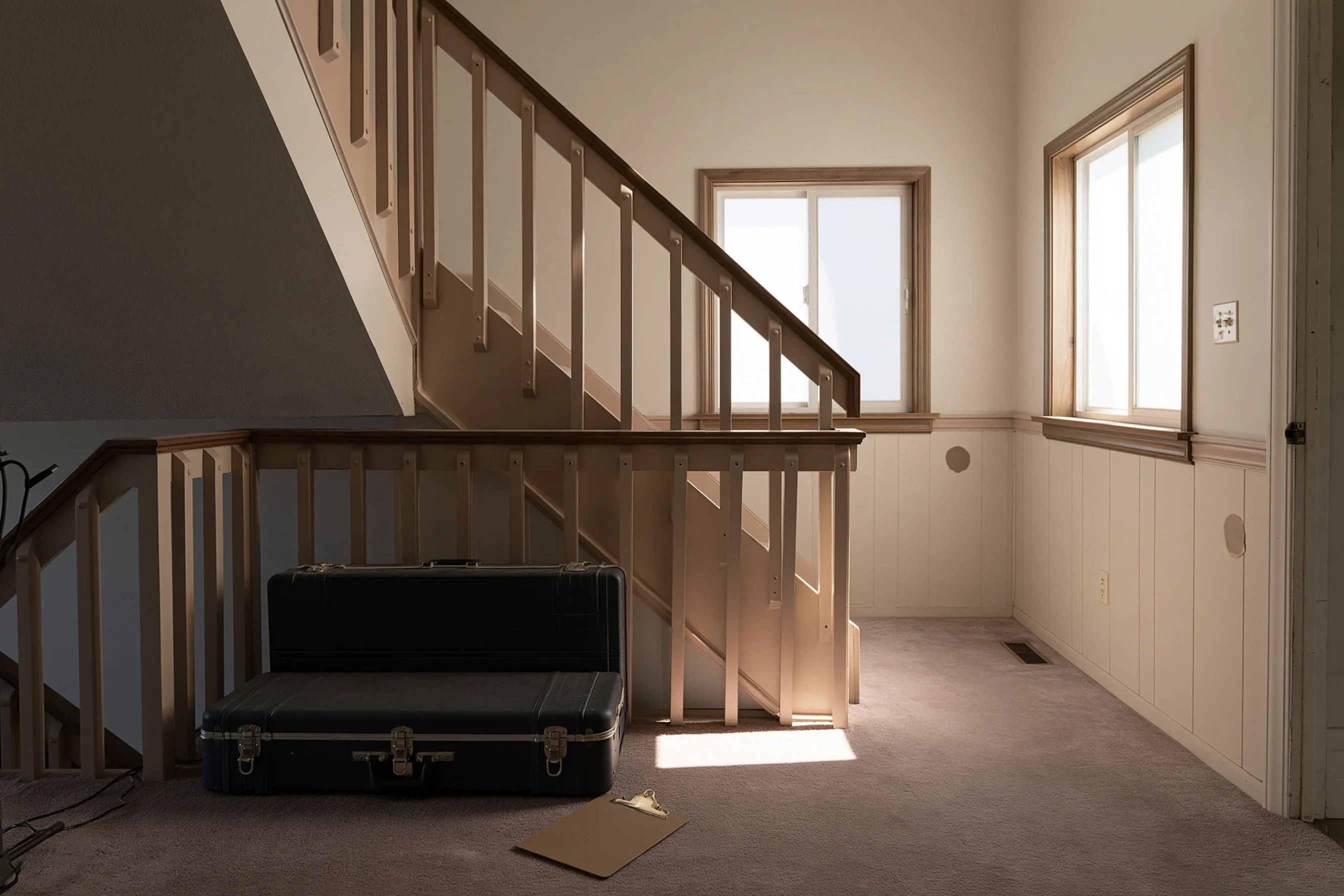 Sunlit carpet at the foot of a stair, pale painted balusters along two runs, white paneled walls below the windows, and a hard case with a clipboard beside it