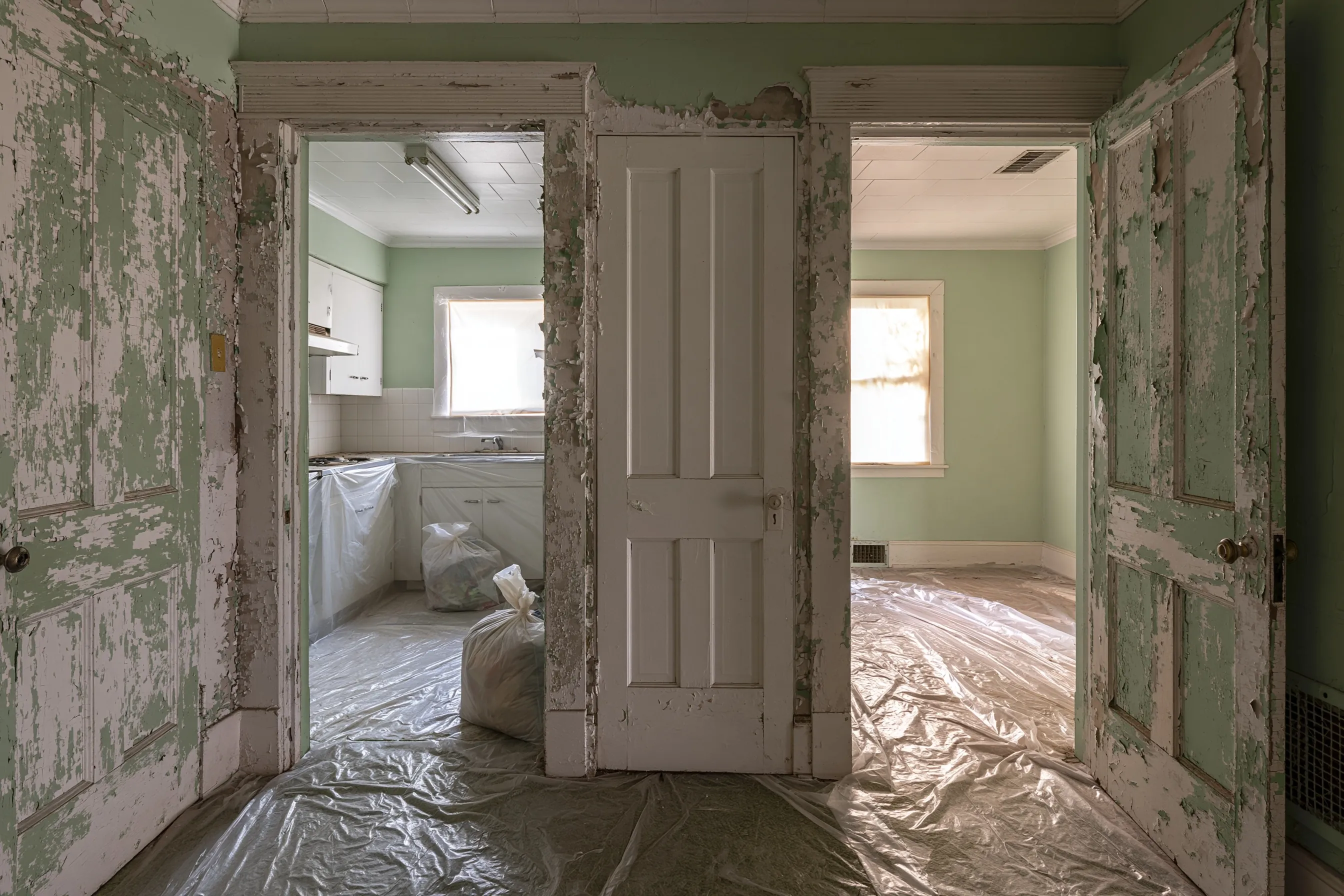 Hall in an older house with badly peeling painted doors and casings, plastic over the floor, and a kitchen beyond with plastic over the lower cabinets