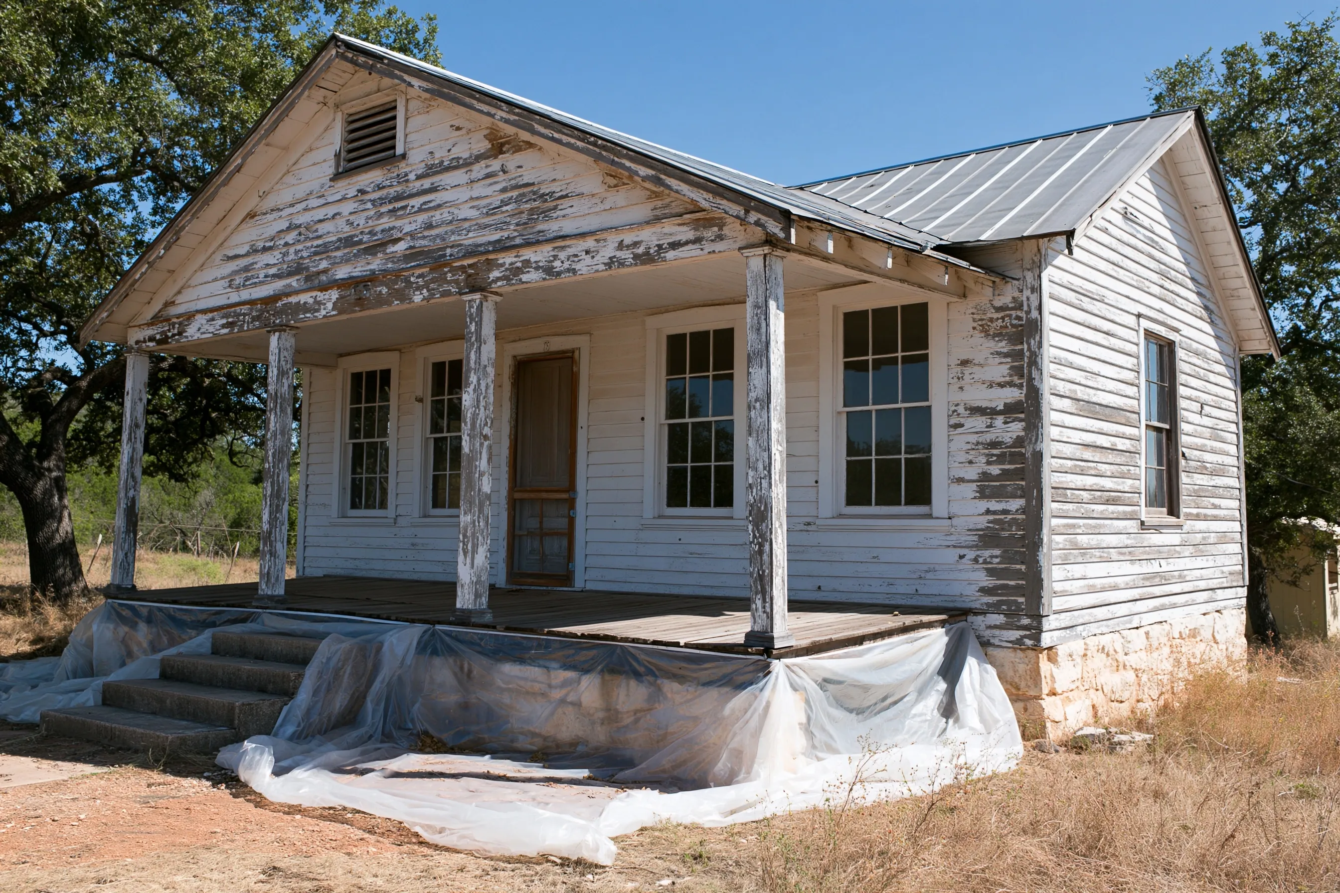 Older one-story frame house with peeling white paint on its wood siding, porch posts and gable, a metal roof, and plastic laid along the front porch