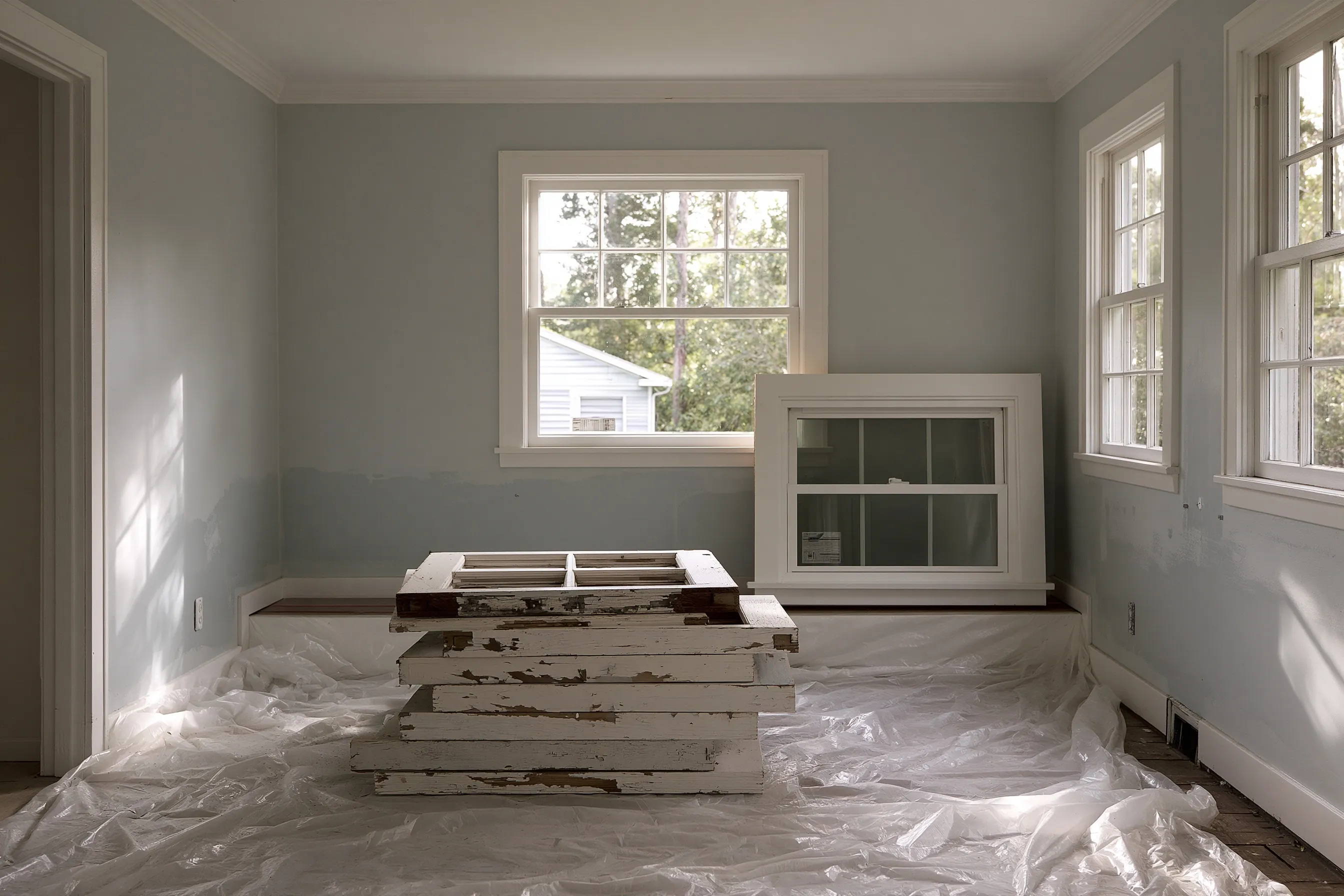 Old wood window sashes with chipped white paint stacked on plastic in a bedroom, and a new window unit propped against the wall