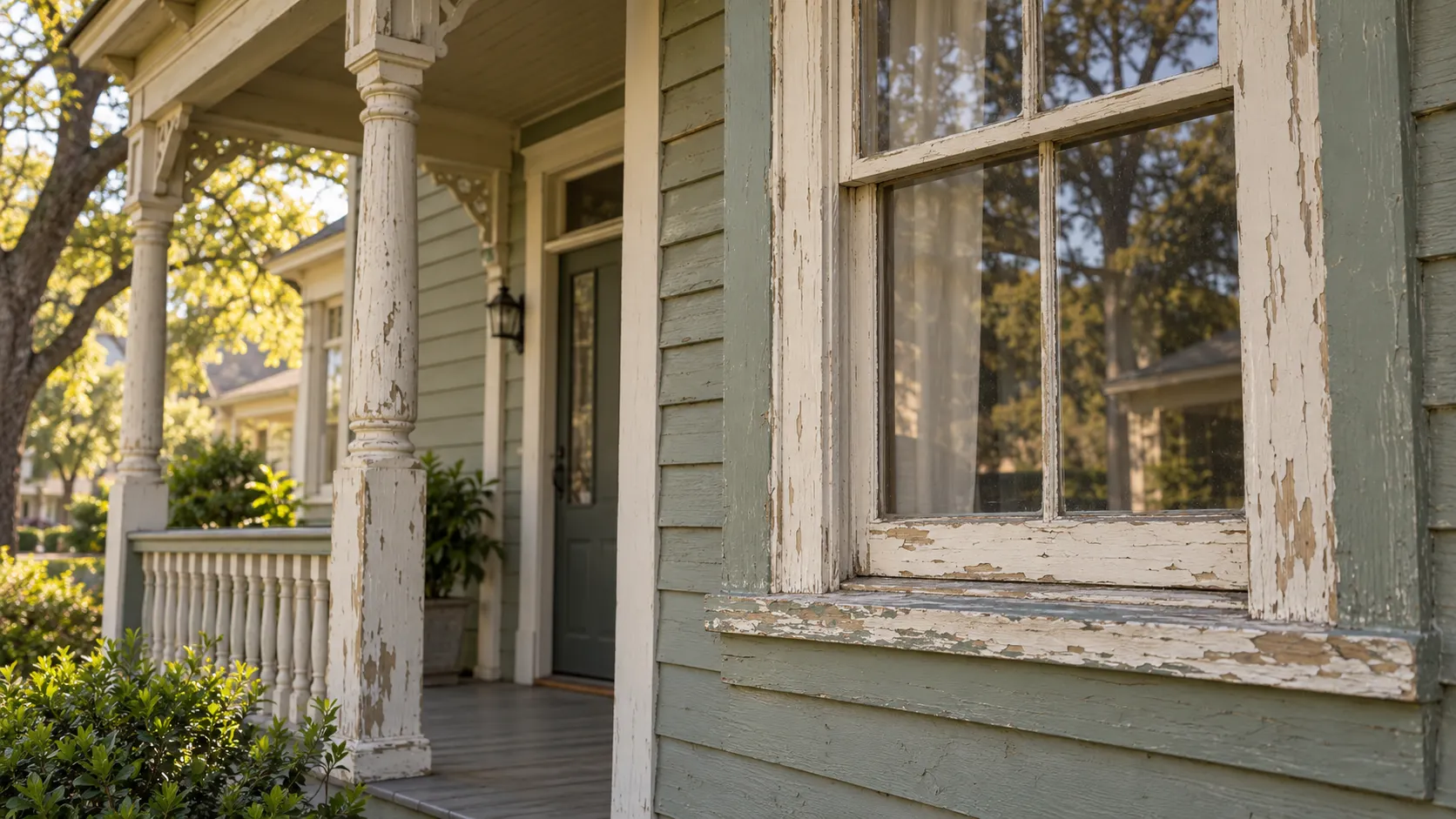 Older painted wood window beside a shaded porch, with weathered paint on the trim